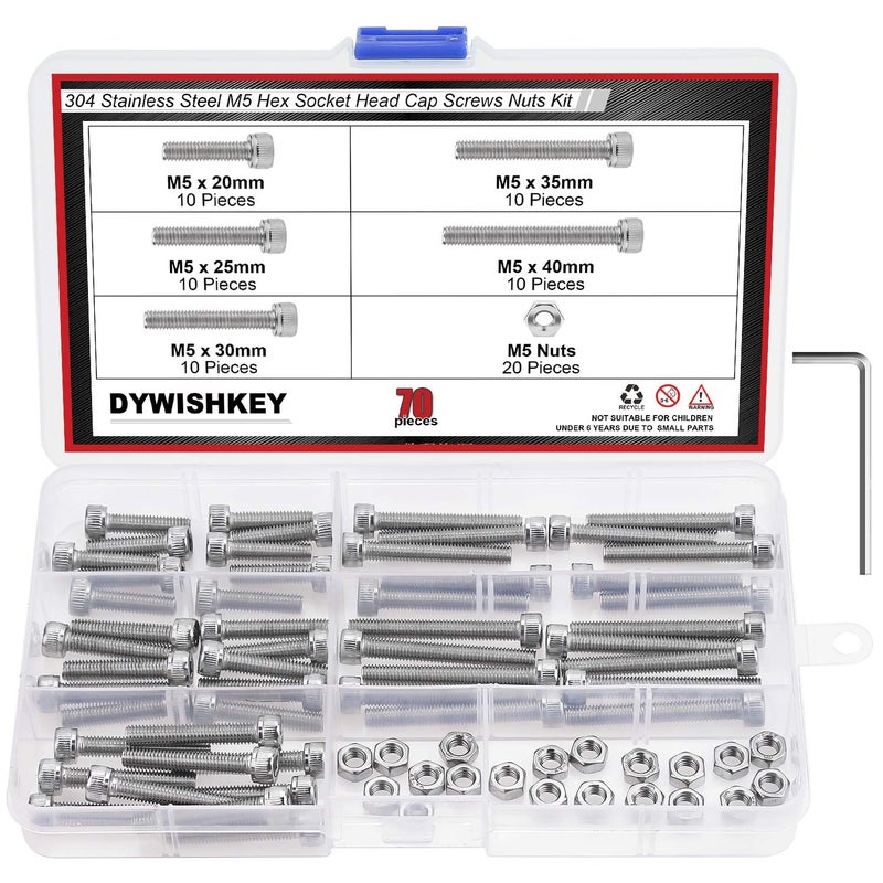 DYWISHKEY 70 Pieces M5 x 20mm/25mm/30mm/35mm/40mm Stainless Steel 304 Hex Socket Head Cap Bolts and Nuts Kit - Image 1